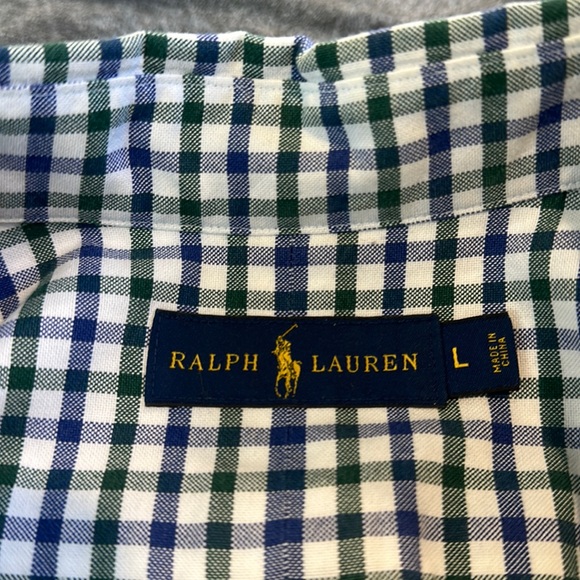 Polo by Ralph Lauren Classic Fit Dress Shirt. White/Blue/Green Cross Pattern - Picture 5 of 9